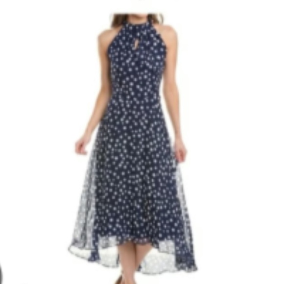Tahari NEW Navy Blue & White Polka Dot Hi-Lo Midi Dress Size 14 - Picture 1 of 13